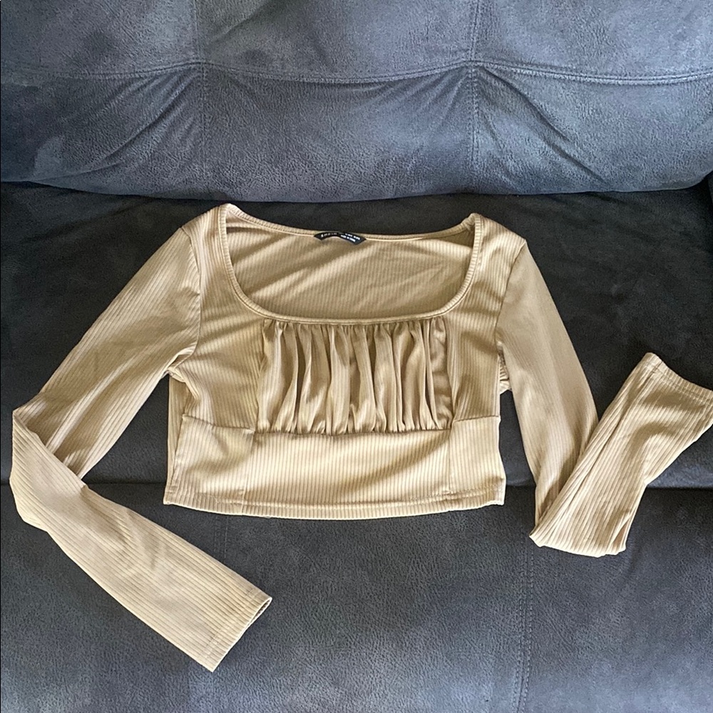 Women's Tan Long Sleeve Crop Top
